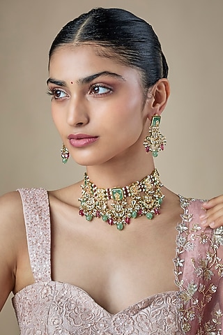 Gold Finish Green Kundan Polki & Carved Stone Choker Necklace Set by Amreli Jaipur