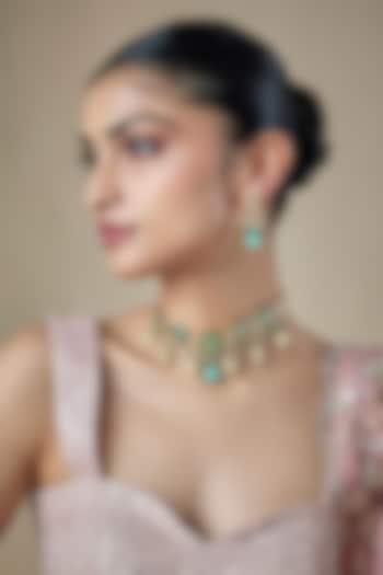 Gold Finish Mint Green Kundan Polki & Carved Stone Choker Necklace Set by Amreli Jaipur at Pernia's Pop Up Shop