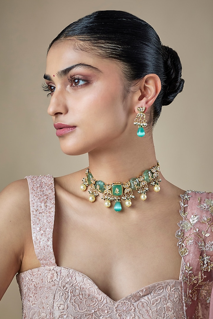 Gold Finish Mint Green Kundan Polki & Carved Stone Choker Necklace Set by Amreli Jaipur at Pernia's Pop Up Shop