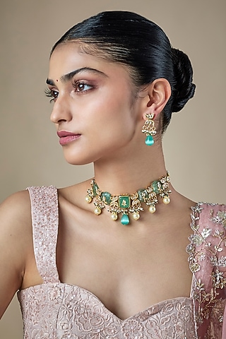 Gold Finish Mint Green Kundan Polki & Carved Stone Choker Necklace Set by Amreli Jaipur