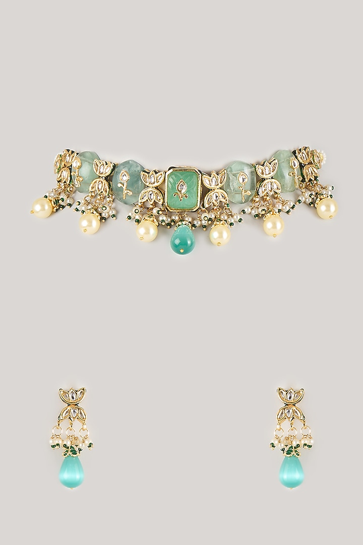 Gold Finish Mint Green Kundan Polki & Carved Stone Choker Necklace Set by Amreli Jaipur at Pernia's Pop Up Shop