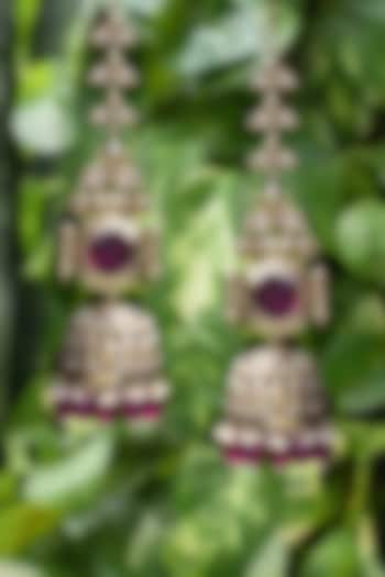 Gold Finish Kundan Polki & Purple Stone Jhumka Earrings by Amreli Jaipur at Pernia's Pop Up Shop