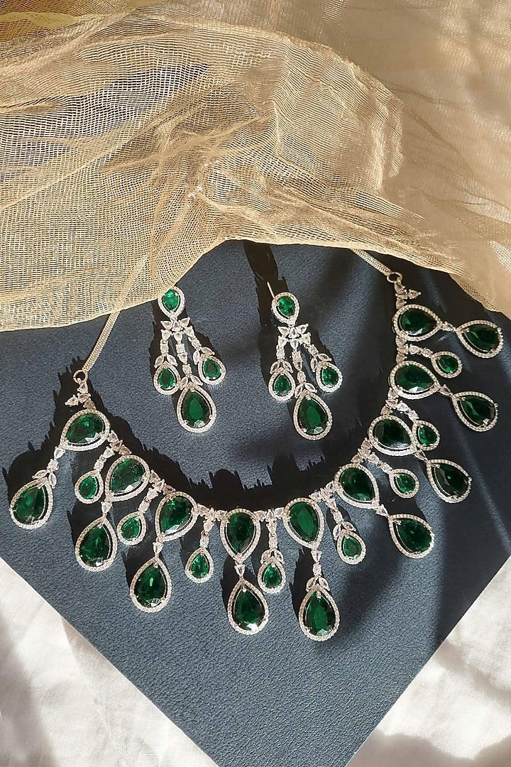 White Finish Zircon & Green Stone Necklace Set by Amreli Jaipur at Pernia's Pop Up Shop