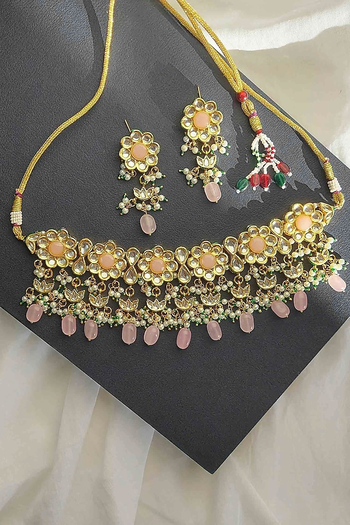 Gold Finish Kundan Polki & Pink Drop Choker Necklace Set by Amreli Jaipur at Pernia's Pop Up Shop
