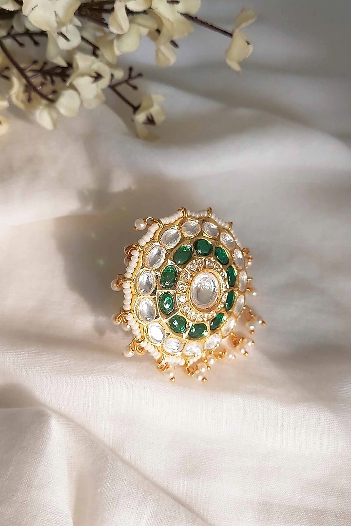 Gold Finish Kundan Polki & Green Stone Adjustable Ring by Amreli Jaipur at Pernia's Pop Up Shop