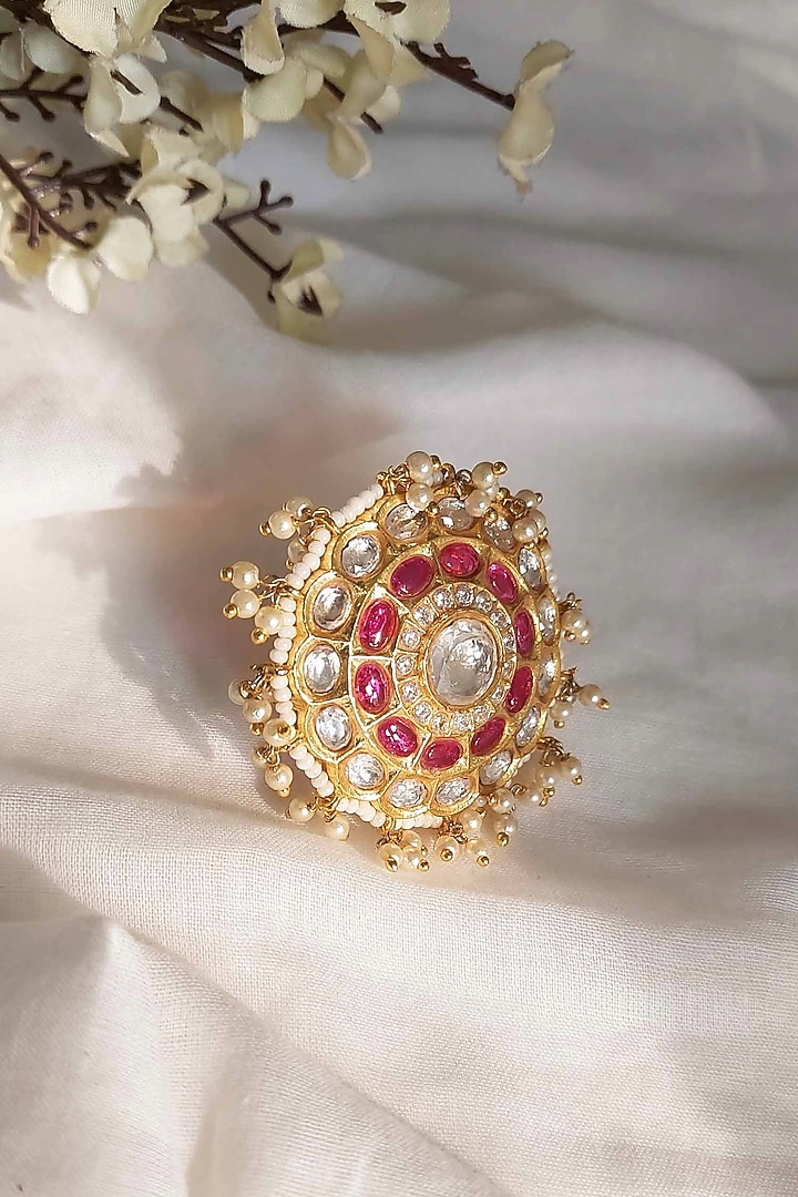 Gold Finish Kundan Polki & Pink Stone Adjustable Ring by Amreli Jaipur at Pernia's Pop Up Shop