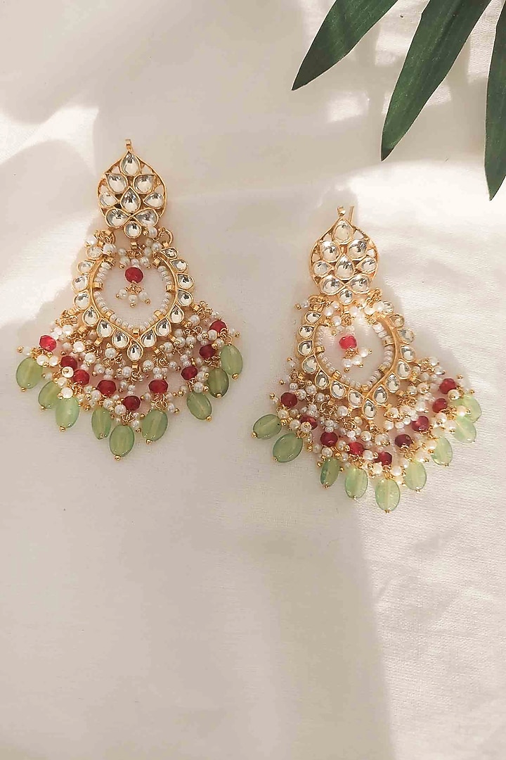 Gold Finish Pachi Kundan Polki Beaded Chandbali Earrings by - Main Image