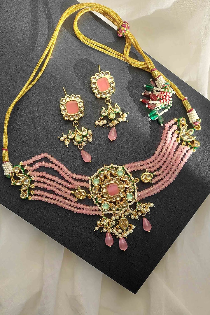 Gold Finish Kundan Polki & Pink Stone Choker Necklace Set by Amreli Jaipur at Pernia's Pop Up Shop