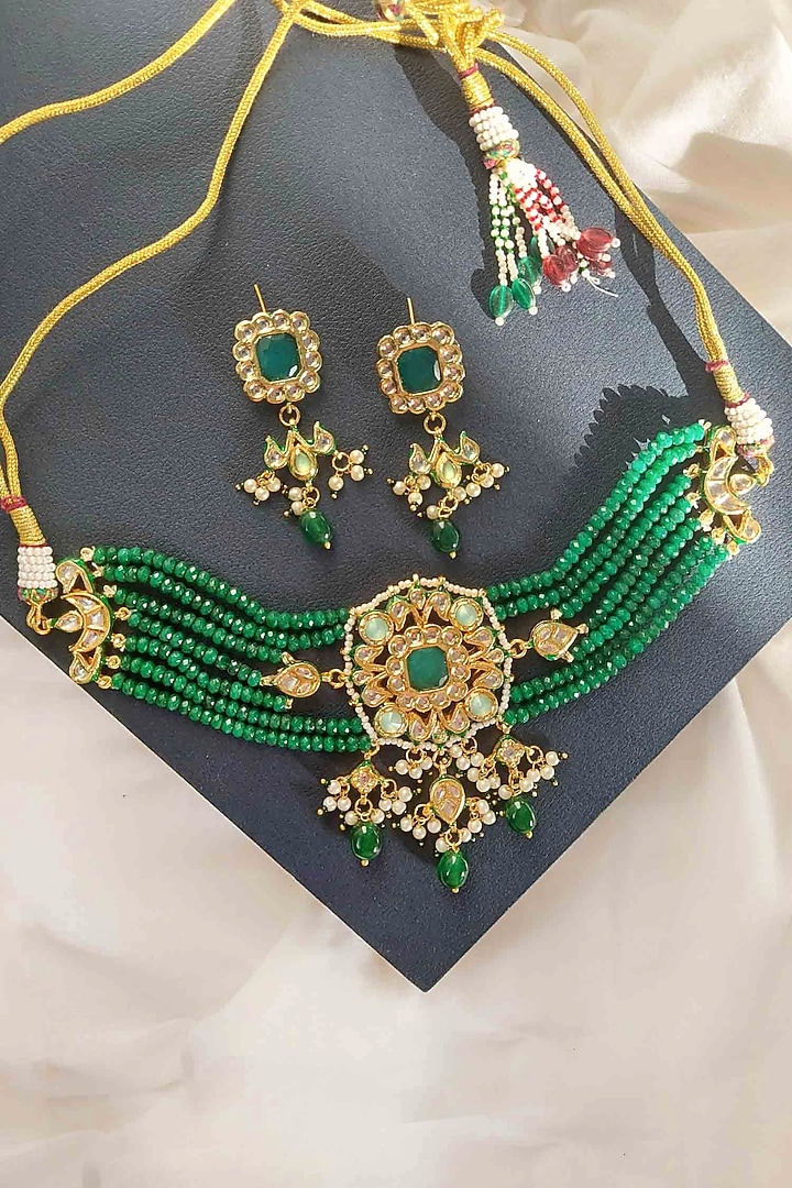 Gold Finish Kundan Polki & Green Stone Choker Necklace Set by Amreli Jaipur at Pernia's Pop Up Shop