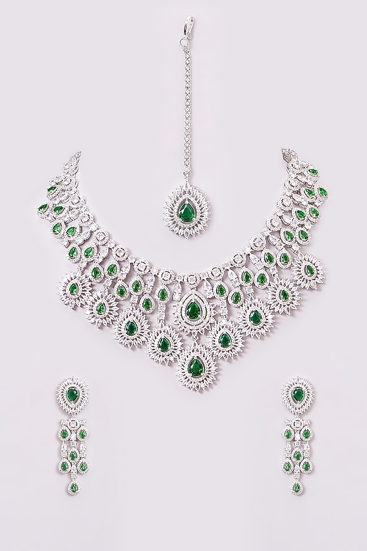 White Finish Zircon & Emerald Necklace Set by Amreli Jaipur at Pernia's Pop Up Shop