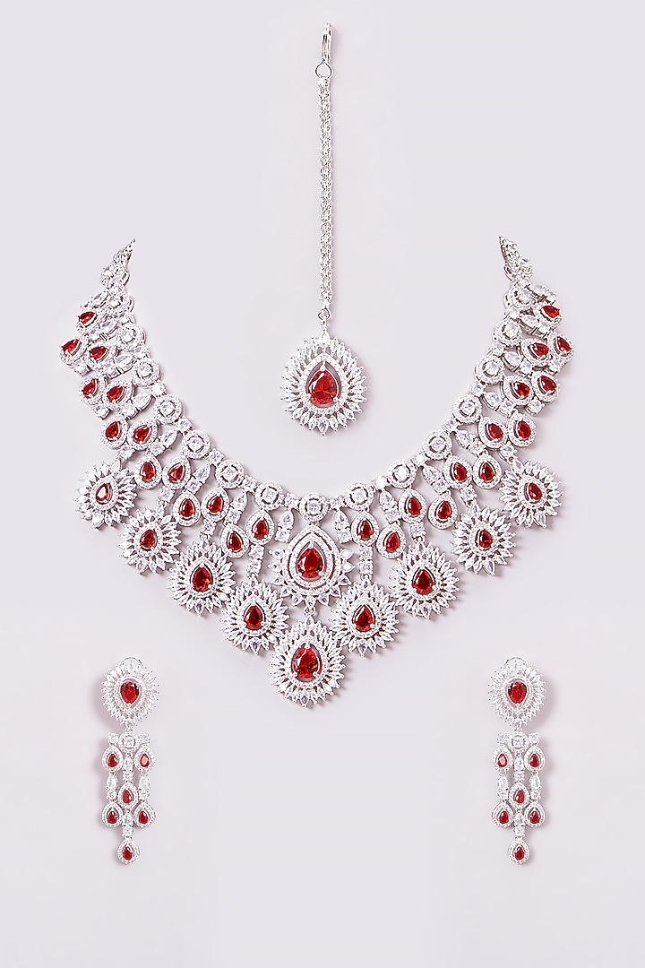 White Finish Zircon & Ruby Necklace Set by Amreli Jaipur at Pernia's Pop Up Shop