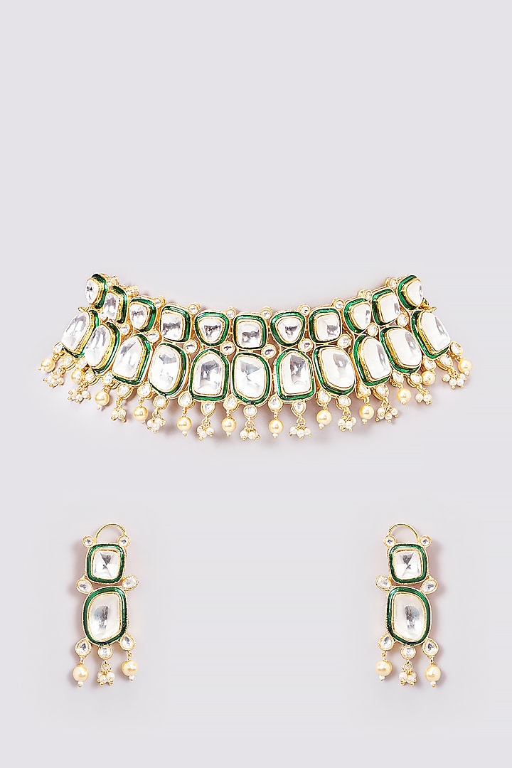 Gold Finish Kundan Polki & Emerald Choker Necklace Set by Amreli Jaipur at Pernia's Pop Up Shop