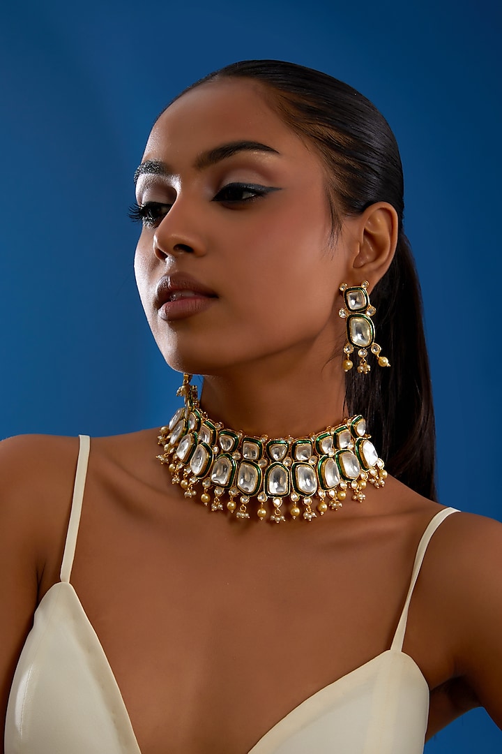 Gold Finish Kundan Polki & Emerald Choker Necklace Set by Amreli Jaipur