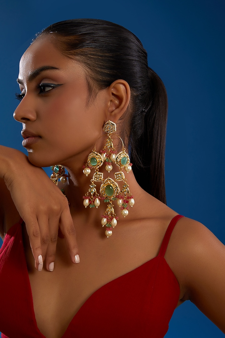 Gold Finish Mint Green Stone Chandbali Earrings by Amreli Jaipur at Pernia's Pop Up Shop