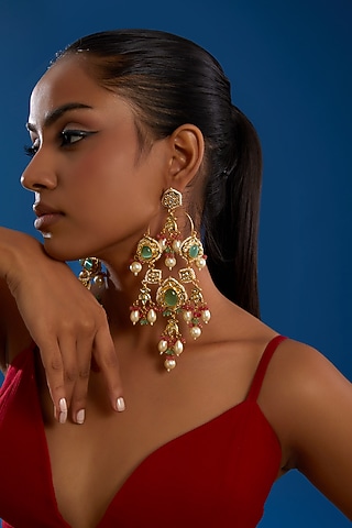 Gold Finish Mint Green Stone Chandbali Earrings by Amreli Jaipur