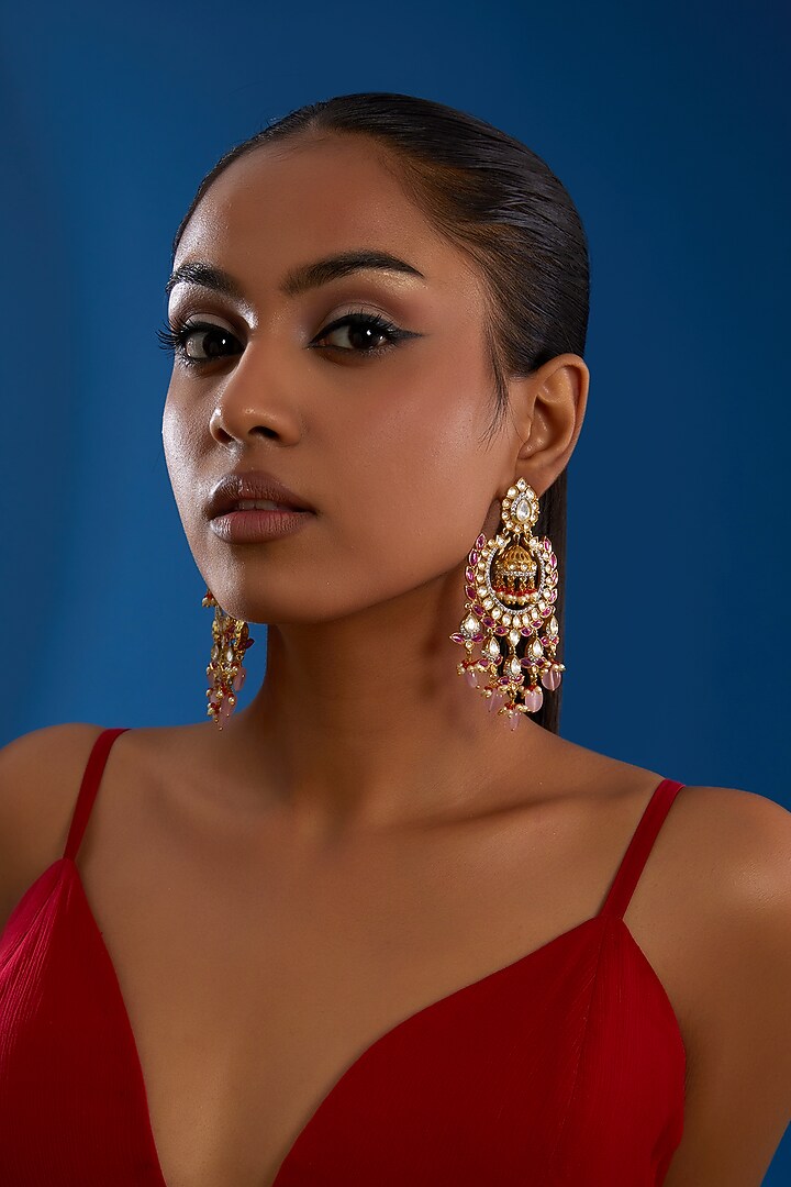 Gold Finish Kundan Polki Chandbali Earrings by Amreli Jaipur at Pernia's Pop Up Shop
