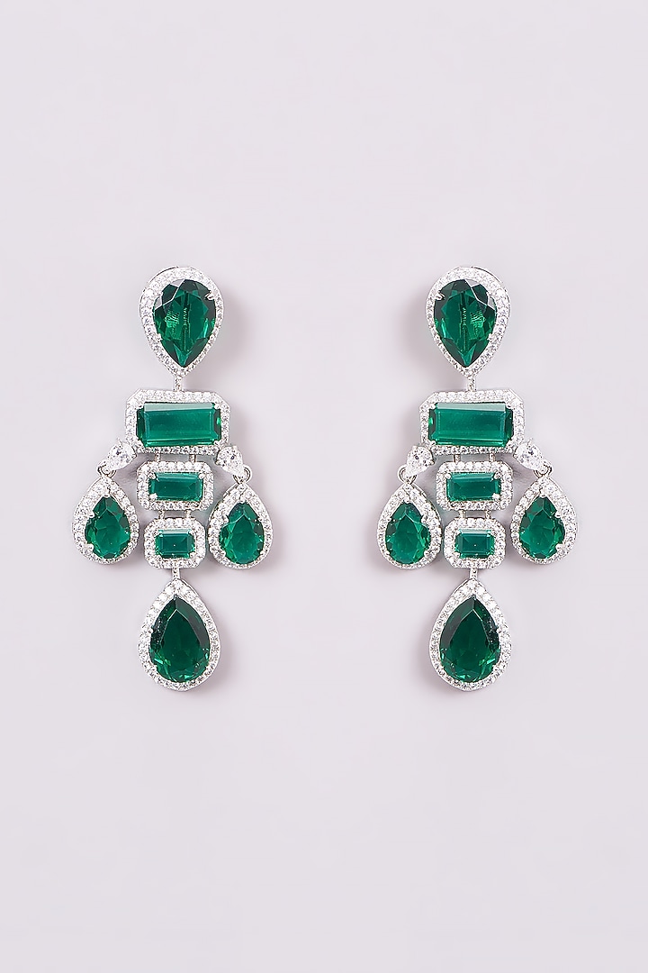 White Finish Zircon & Emerald Dangler Earrings by Amreli Jaipur at Pernia's Pop Up Shop