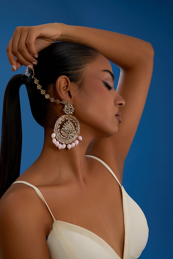 Gold Finish Pearl Chandbali Ear Chain by Amreli Jaipur at Pernia's Pop Up Shop