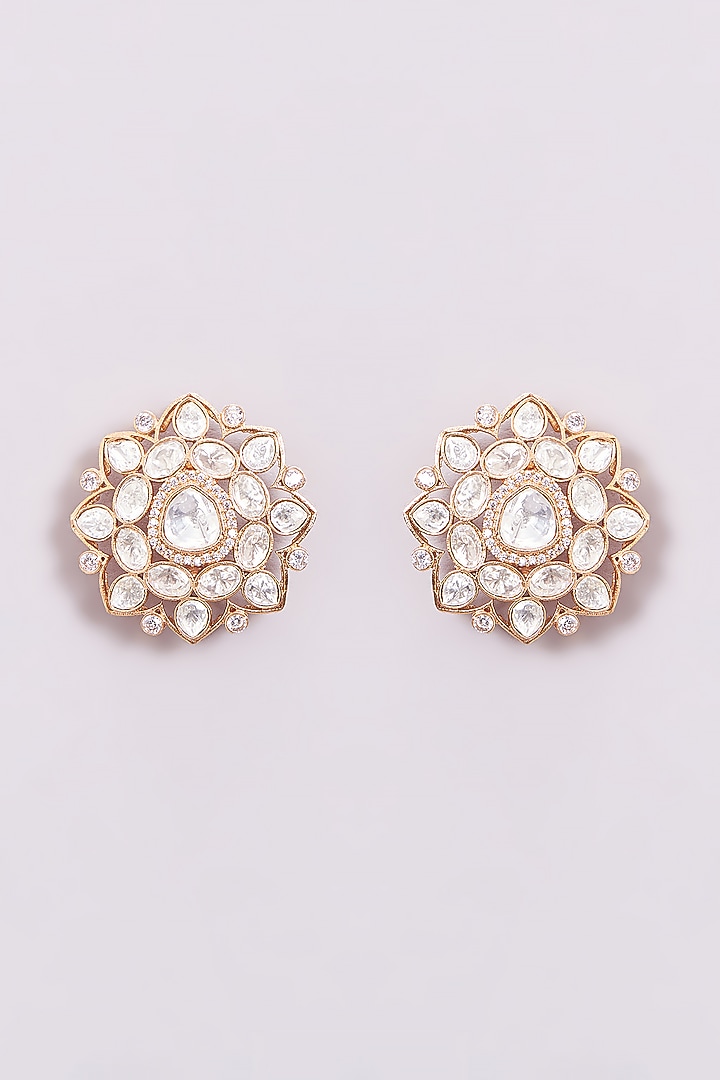 Gold Finish Kundan Polki Stud Earrings by Amreli Jaipur at Pernia's Pop Up Shop