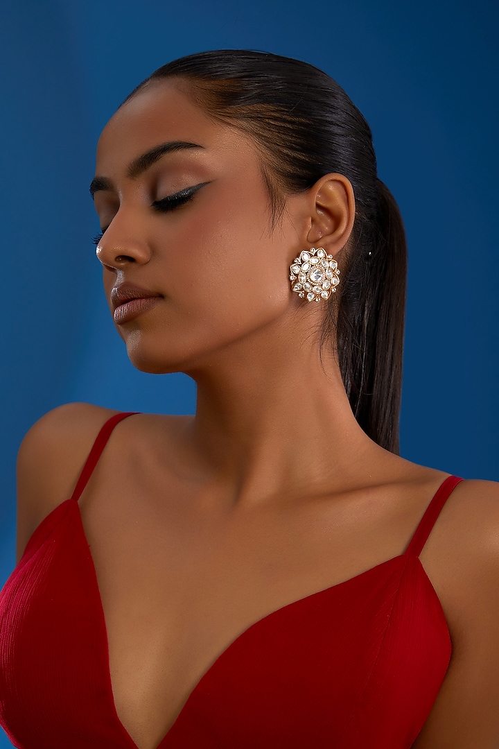 Gold Finish Kundan Polki Stud Earrings by Amreli Jaipur at Pernia's Pop Up Shop