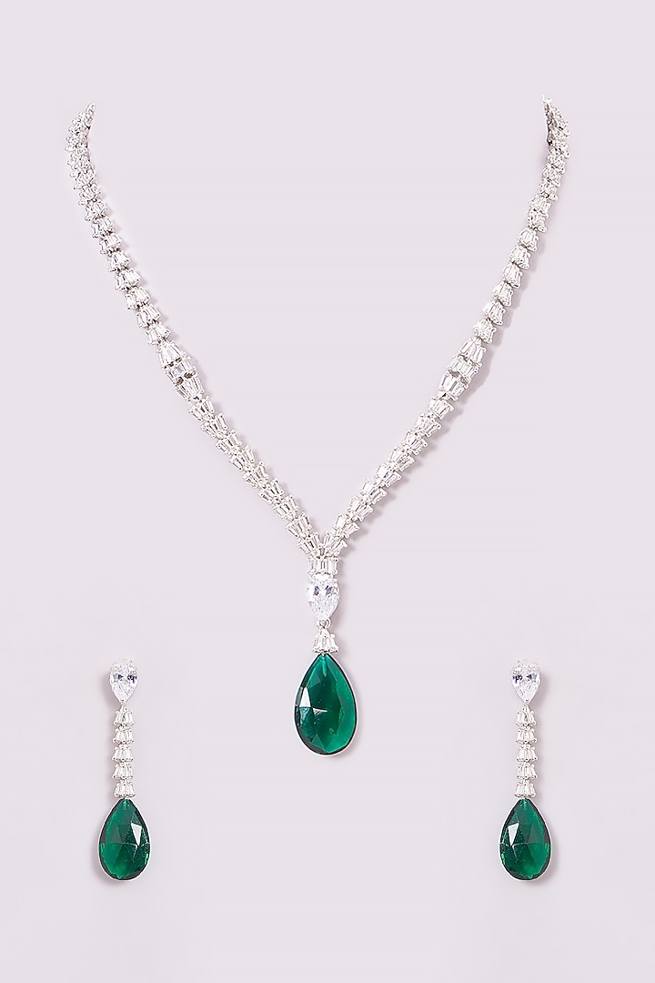 White Finish Zircon & Emerald Necklace Set by Amreli Jaipur at Pernia's Pop Up Shop