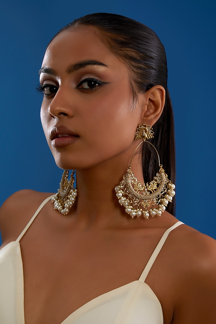 Gold Finish Pearl Chandbali Earrings by Amreli Jaipur at Pernia's Pop Up Shop