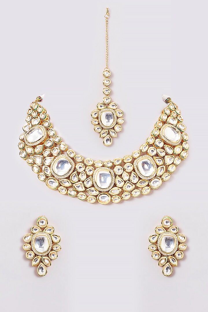 Gold Finish Kundan Polki Necklace Set by Amreli Jaipur at Pernia's Pop Up Shop