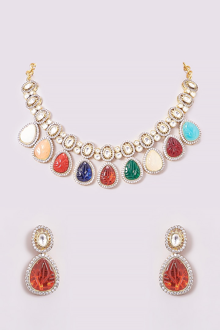 Gold Finish Kundan Polki Necklace Set by Amreli Jaipur at Pernia's Pop Up Shop