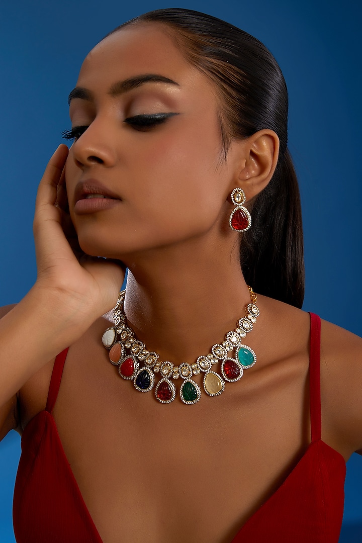 Gold Finish Kundan Polki Necklace Set by Amreli Jaipur at Pernia's Pop Up Shop