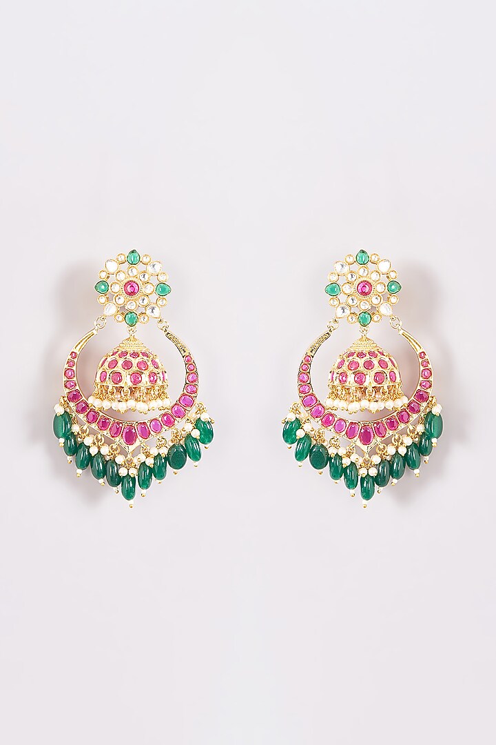 Gold Finish Pachi Kundan Polki Chandbali Earrings by Amreli Jaipur at Pernia's Pop Up Shop