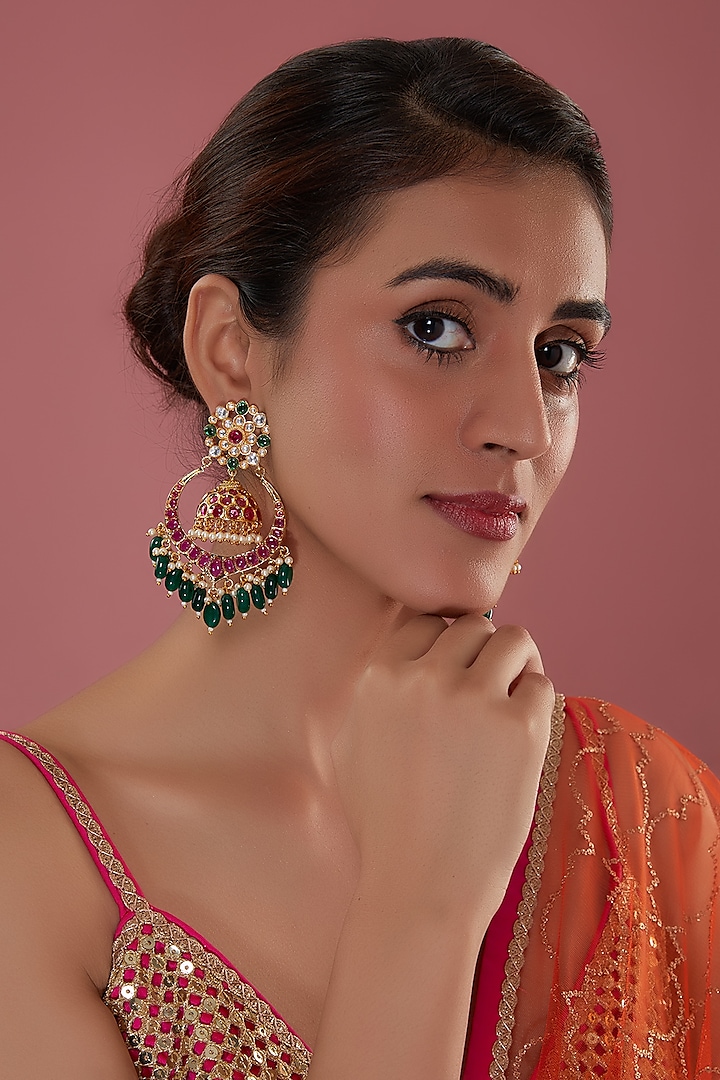 Gold Finish Pachi Kundan Polki Chandbali Earrings by Amreli Jaipur at Pernia's Pop Up Shop