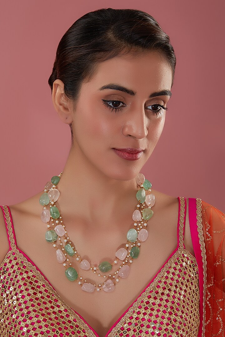 Gold Finish Mint & Pink Tumble Stone Long Necklace by Amreli Jaipur at Pernia's Pop Up Shop