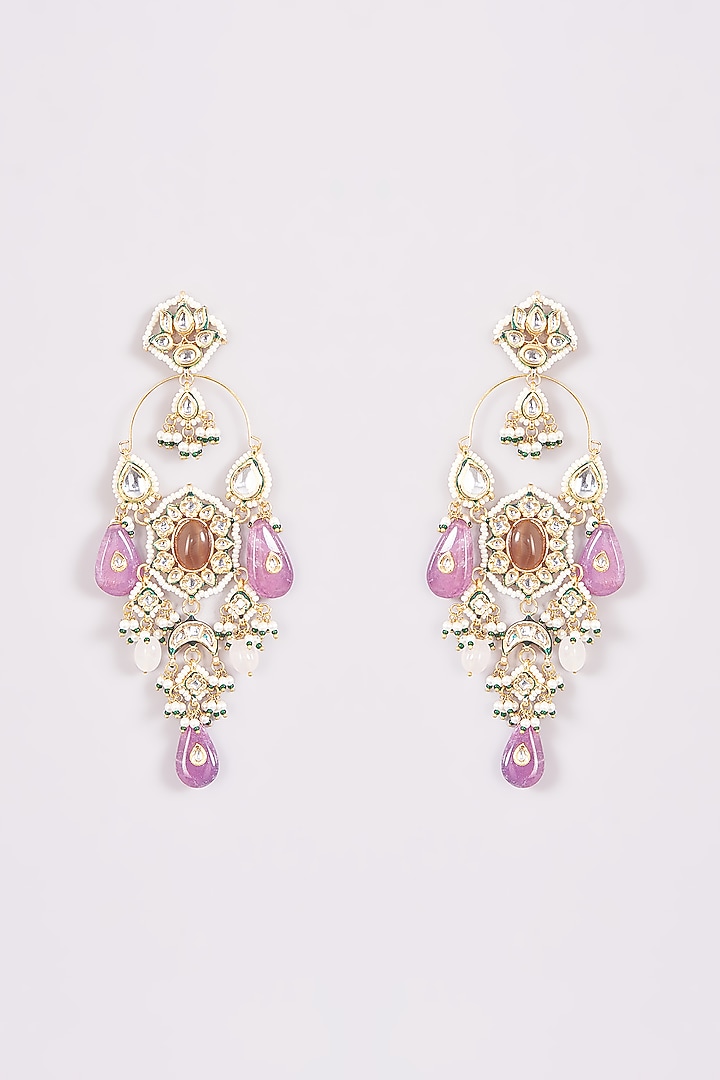 Gold Finish Kundan Polki & Purple Stone Chandbali Earrings by Amreli Jaipur at Pernia's Pop Up Shop