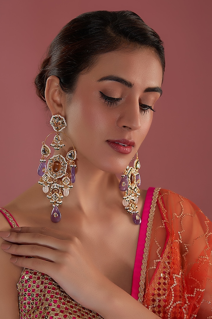 Gold Finish Kundan Polki & Purple Stone Chandbali Earrings by Amreli Jaipur at Pernia's Pop Up Shop