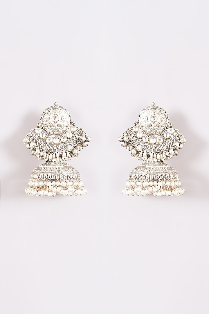 Silver Finish Kundan Polki & Beaded Jhumka Earrings by Amreli Jaipur at Pernia's Pop Up Shop