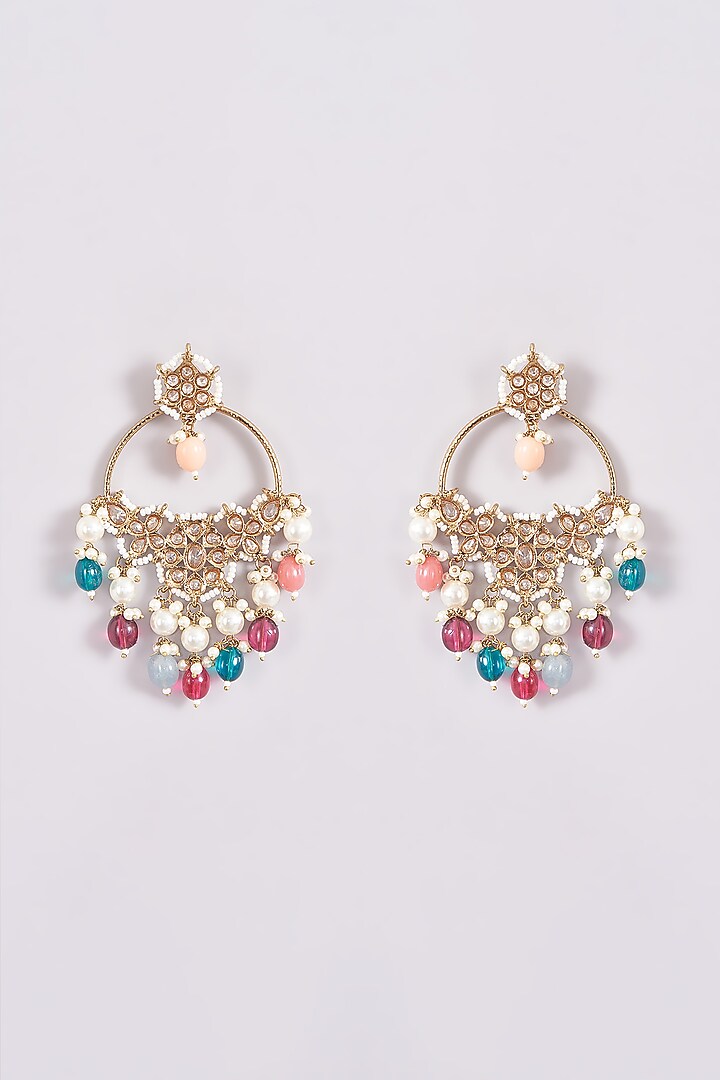 Gold Finish Kundan Polki & Multi-Colored Beaded Chandbali Earrings by Amreli Jaipur at Pernia's Pop Up Shop