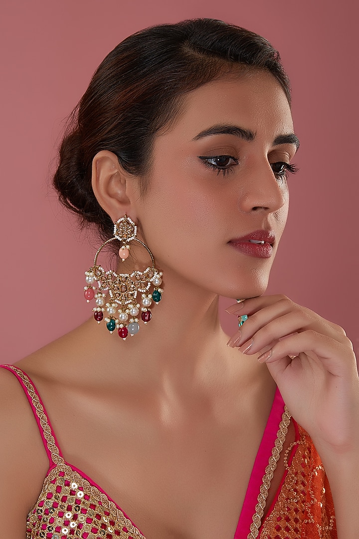 Gold Finish Kundan Polki & Multi-Colored Beaded Chandbali Earrings by Amreli Jaipur at Pernia's Pop Up Shop
