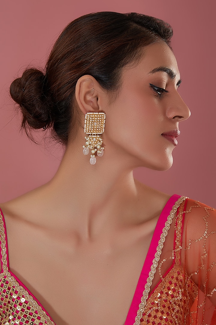 Gold Finish Pachi Kundan Polki Dangler Earrings by Amreli Jaipur at Pernia's Pop Up Shop