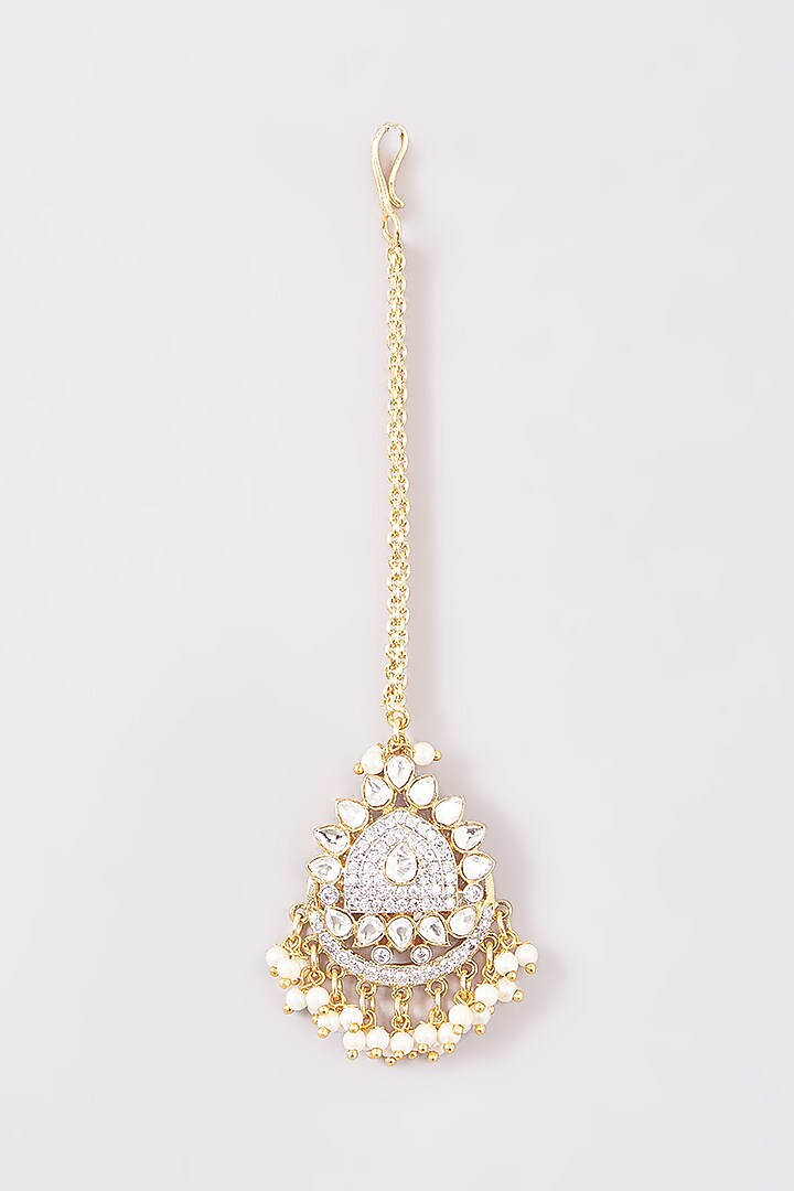 Gold Plated Kundan Polki & Pearl Drop Maangtikka by Amreli Jaipur at Pernia's Pop Up Shop