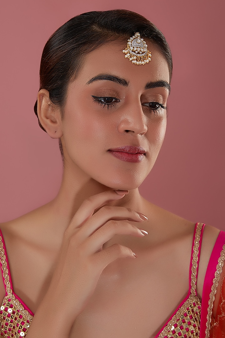 Gold Plated Kundan Polki & Pearl Drop Maangtikka by Amreli Jaipur at Pernia's Pop Up Shop