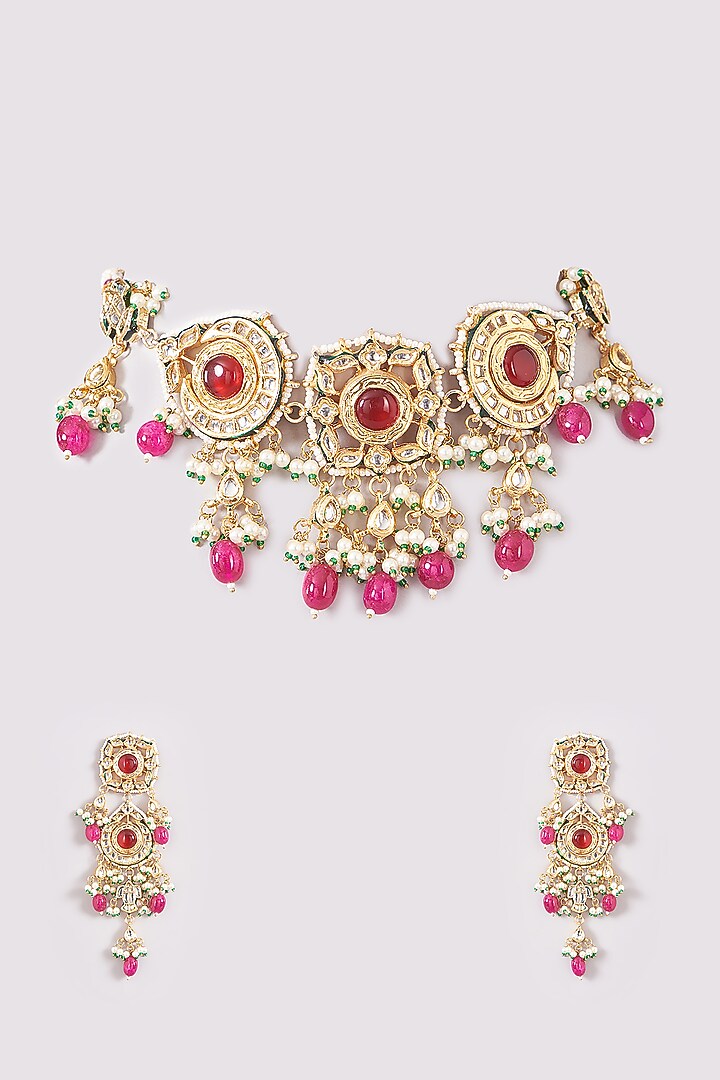 Gold Finish Kundan Polki & Fuchsia Stone Choker Necklace Set by Amreli Jaipur at Pernia's Pop Up Shop