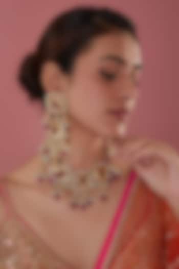 Gold Finish Kundan Polki & Fuchsia Stone Choker Necklace Set by Amreli Jaipur