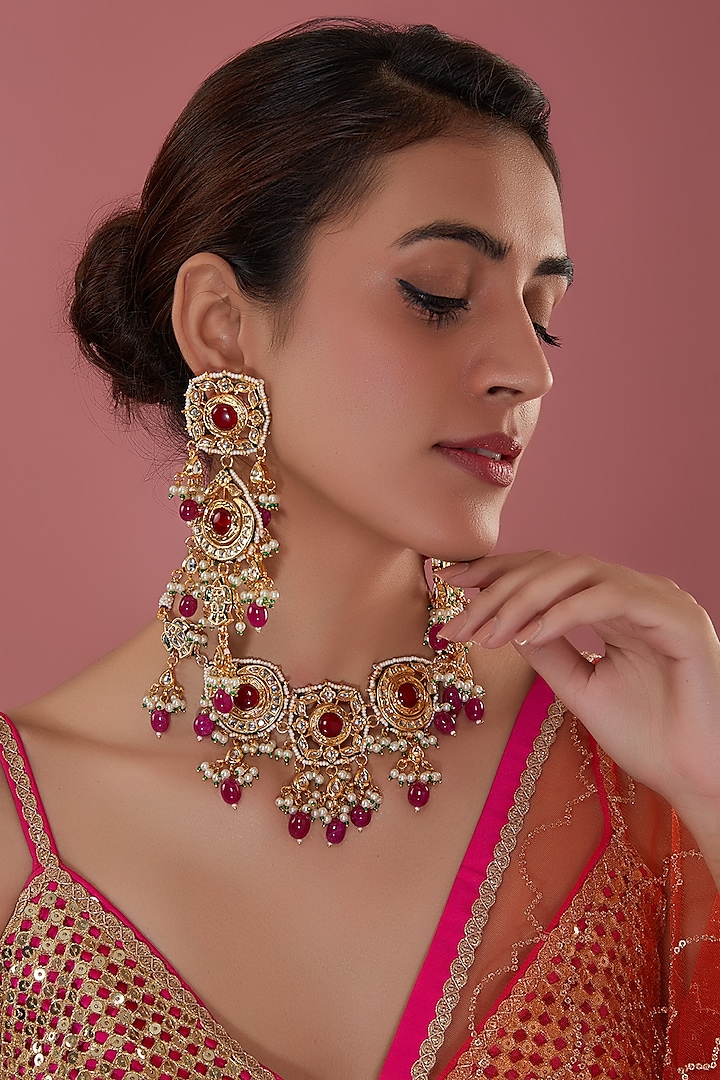 Gold Finish Kundan Polki & Fuchsia Stone Choker Necklace Set by Amreli Jaipur