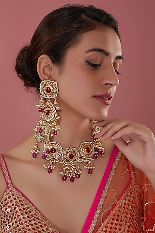 Gold Finish Kundan Polki & Fuchsia Stone Choker Necklace Set by Amreli Jaipur