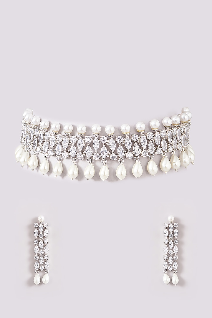 White Finish Zircon Choker Necklace Set by Amreli Jaipur at Pernia's Pop Up Shop