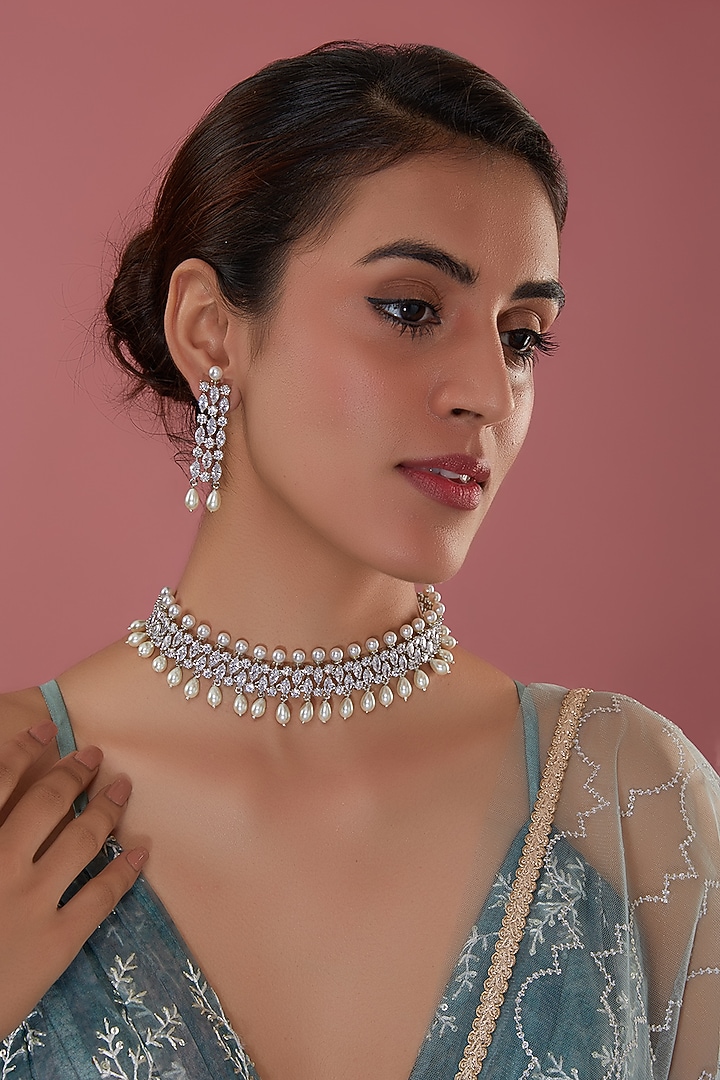 White Finish Zircon Choker Necklace Set by Amreli Jaipur at Pernia's Pop Up Shop
