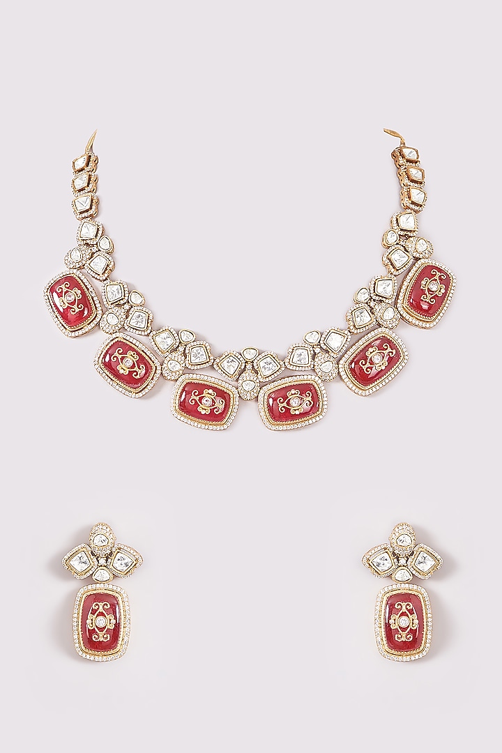 Gold Finish Red Kundan Polki Enameled Necklace Set by Amreli Jaipur at Pernia's Pop Up Shop