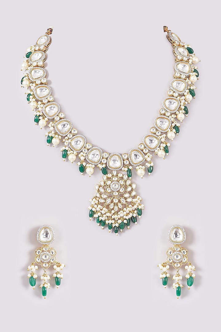 Gold Finish Kundan Polki Long Necklace Set by Amreli Jaipur at Pernia's Pop Up Shop