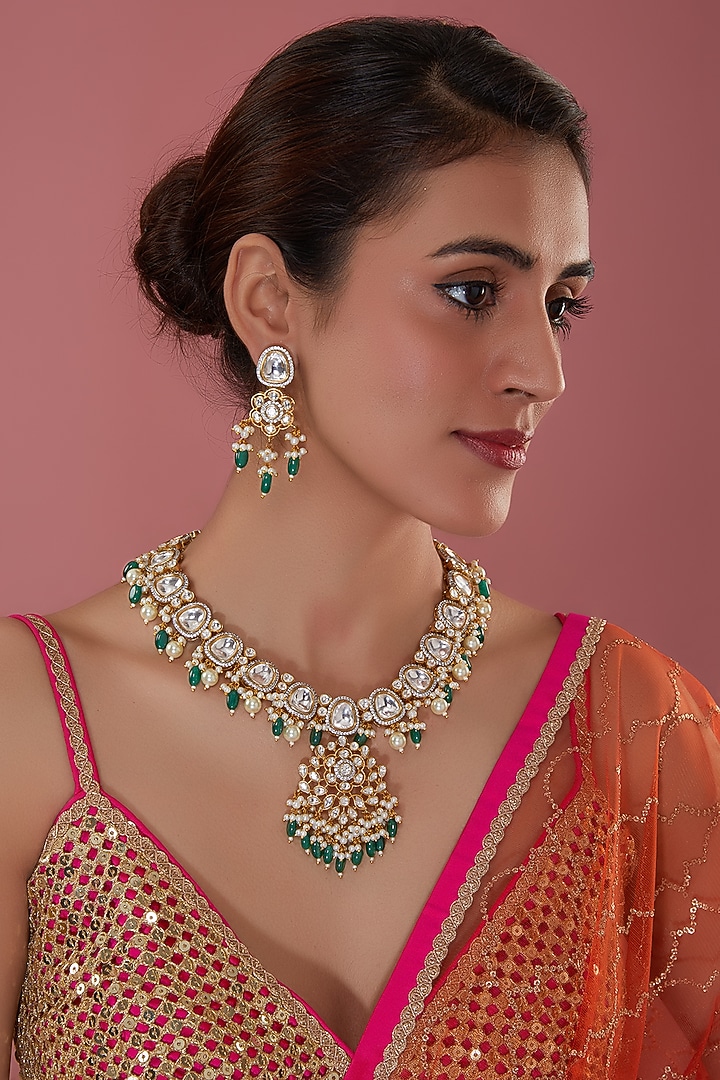 Gold Finish Kundan Polki Long Necklace Set by Amreli Jaipur at Pernia's Pop Up Shop