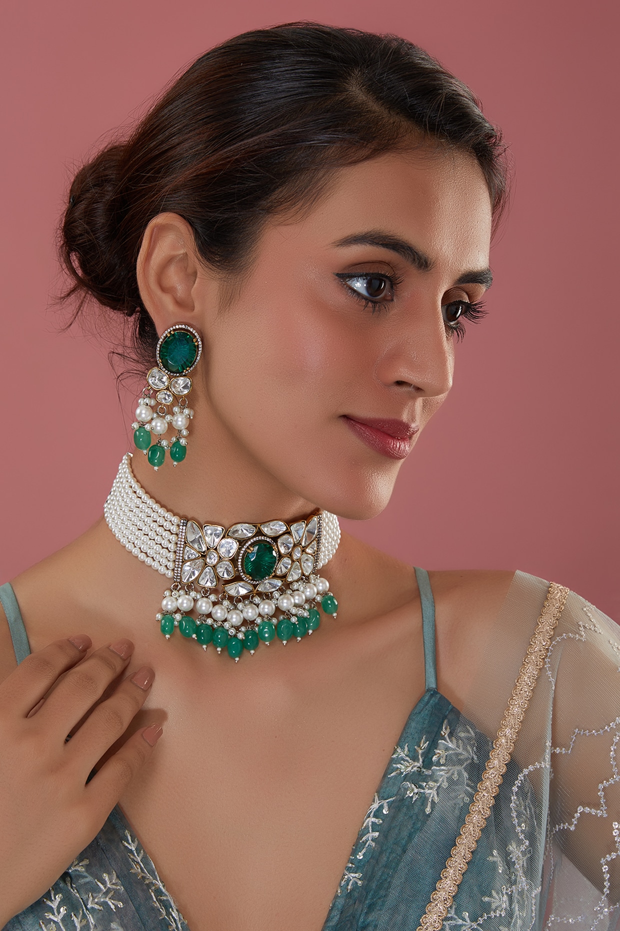 Gold Finish Kundan Polki & Hydro Emerald Choker Necklace Set Design by  Joules By Radhika at Pernia's Pop Up Shop 2024